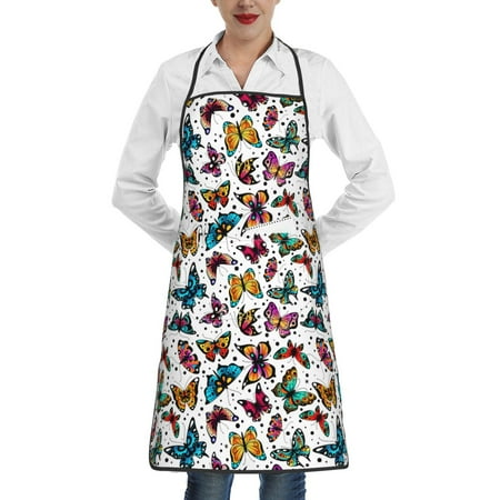 

Qekee Colorful Flying Butterflies Print Adjustable Bib Apron Resistant with Pocket Cooking Kitchen Aprons for Women Men Server Chef Apron