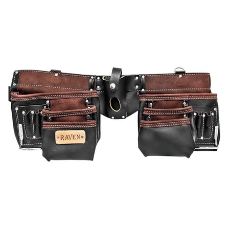 Heavy Duty 13 Pocket Leather Tool Belt with 2 Steel Hammer Loops, Black Brown