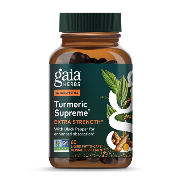Gaia Herbs Turmeric Supreme Extra Strength - Supports Occasional Discomfort from Normal Wear & Tear* - with Turmeric Curcumin & Black Pepper - 60 Vegan Liquid Phyto-Caps (Up to 60 Servings)