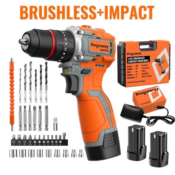 Brushless Cordless Drill Set, 16V 4-in-1 Electric Drill Driver with Impact Function, 50 N.m Drill Kit with 36 Accessories, 2 Batteries, Metal Chuck, 35 Torque Settings & Toolbox