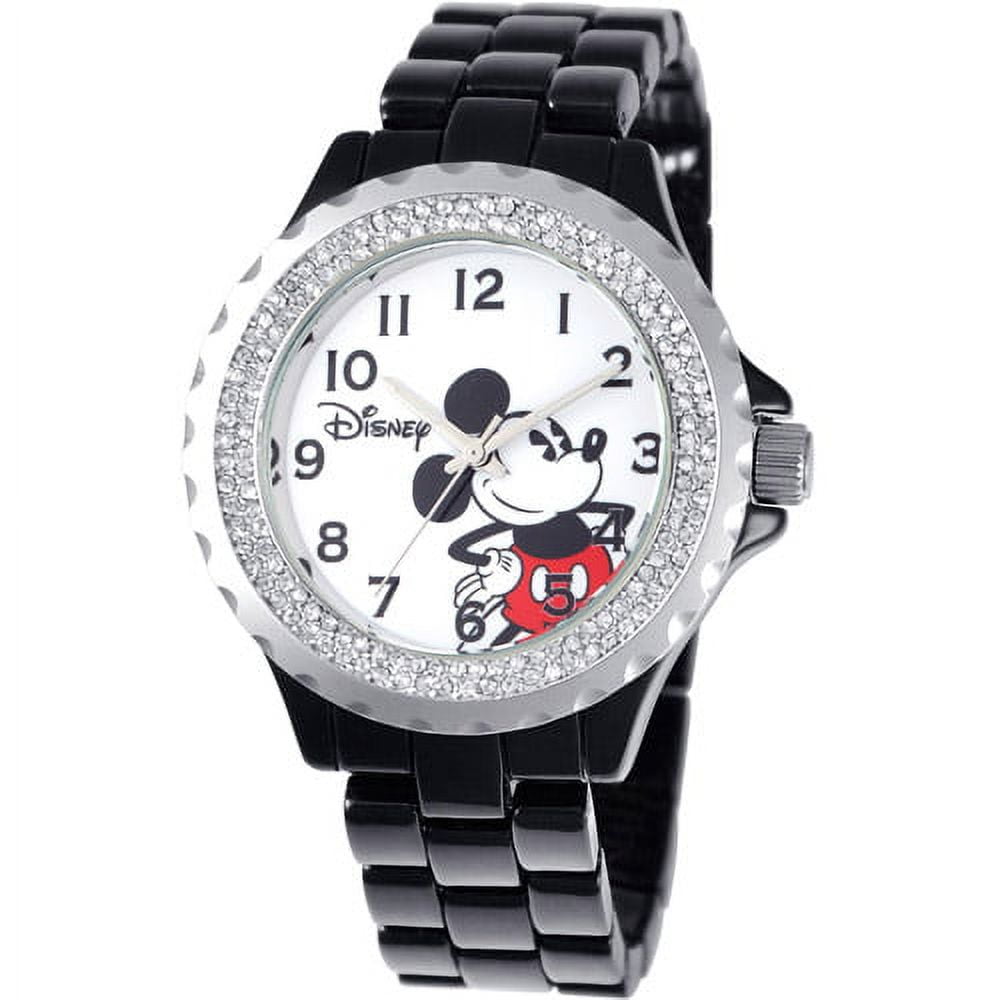 Mickey Mouse Women's Enamel Sparkle Watch, Black Bracelet