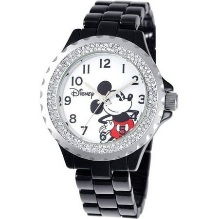 Mickey Mouse Women's Enamel Sparkle Watch, Black Bracelet