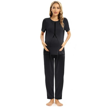 

Women s Maternity Nursing Pajama Set Breastfeeding Sleepwear Set Double Layer Short Sleeve Top & Pregnancy Pants PJS
