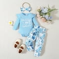 thumbnail image 2 of TOWED22 Infant Baby Girl Fall Winter Clothes 3 Pieces Outfits Long Sleeve Crew Neck Cute Print Romper Jumpsuit Ribbed Flare Pants Headband Set(Sky Blue,0-3 M), 2 of 8