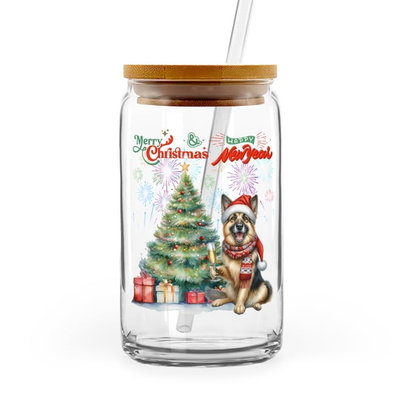Merry Christmas and Happy New Year Santa German Shepherd Holiday Xmas Winter 2025 16oz Glass Cup Mug Alsatian Dog Lover Gifts Glass Can with Bamboo Lid and Straw - 00024