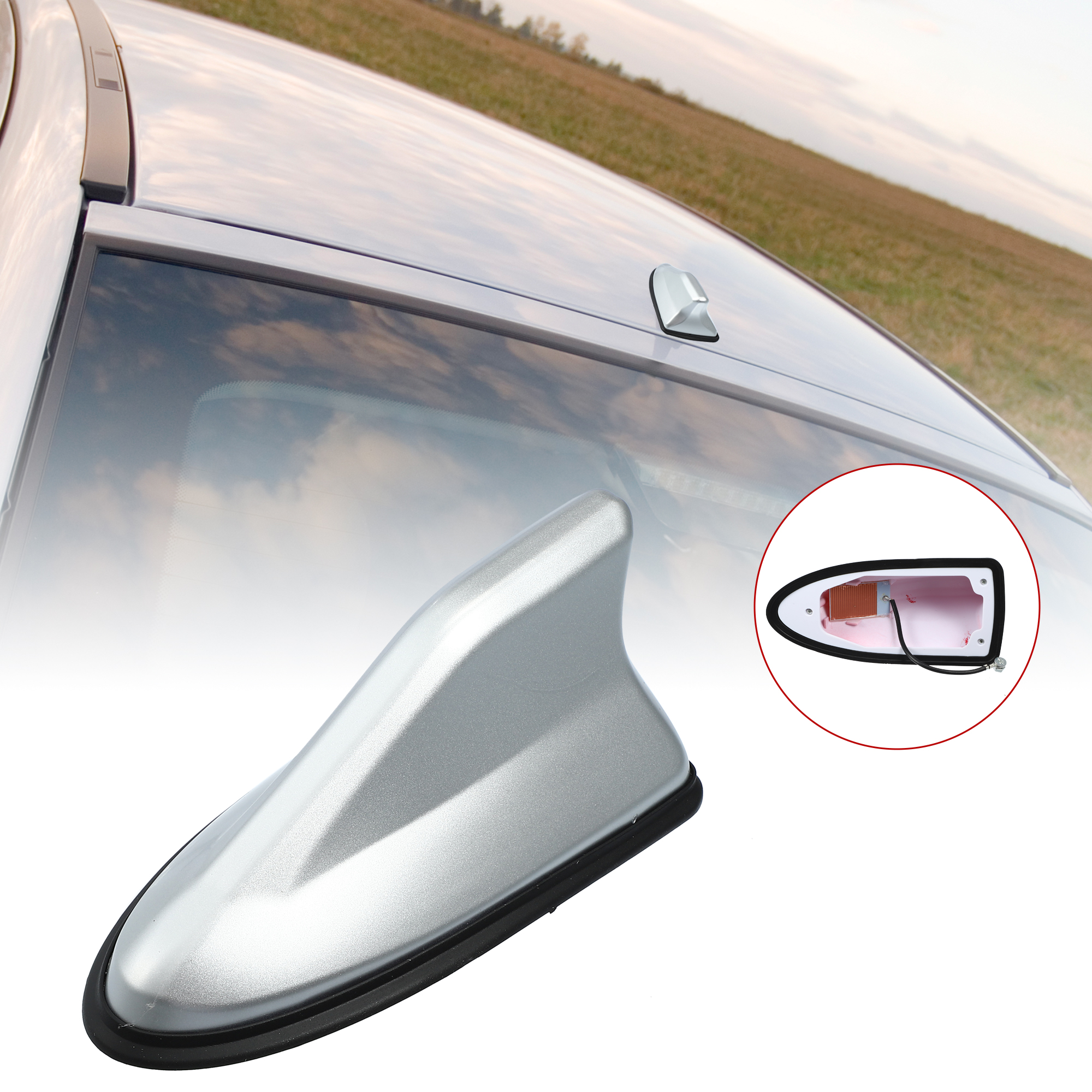 Unique Bargains Self Adhesive Shark Fin Shape Car Roof Aerial Silver Tone