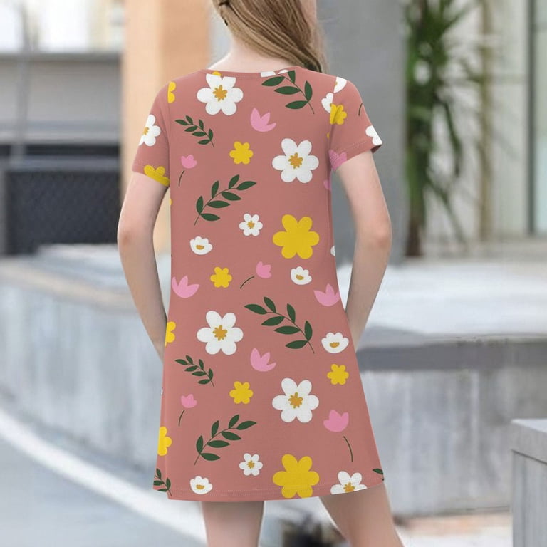 jersey a line swing dress Girls Short Sleeve A-Line Casual Dress, 200G Polyester Cotton-Like Round Neck Summer with Watercolor Daisy Floral Print for Daily Play(Brown150) length sleeves and a alttext Black Velvet Dress, Long Color:Mauve Green