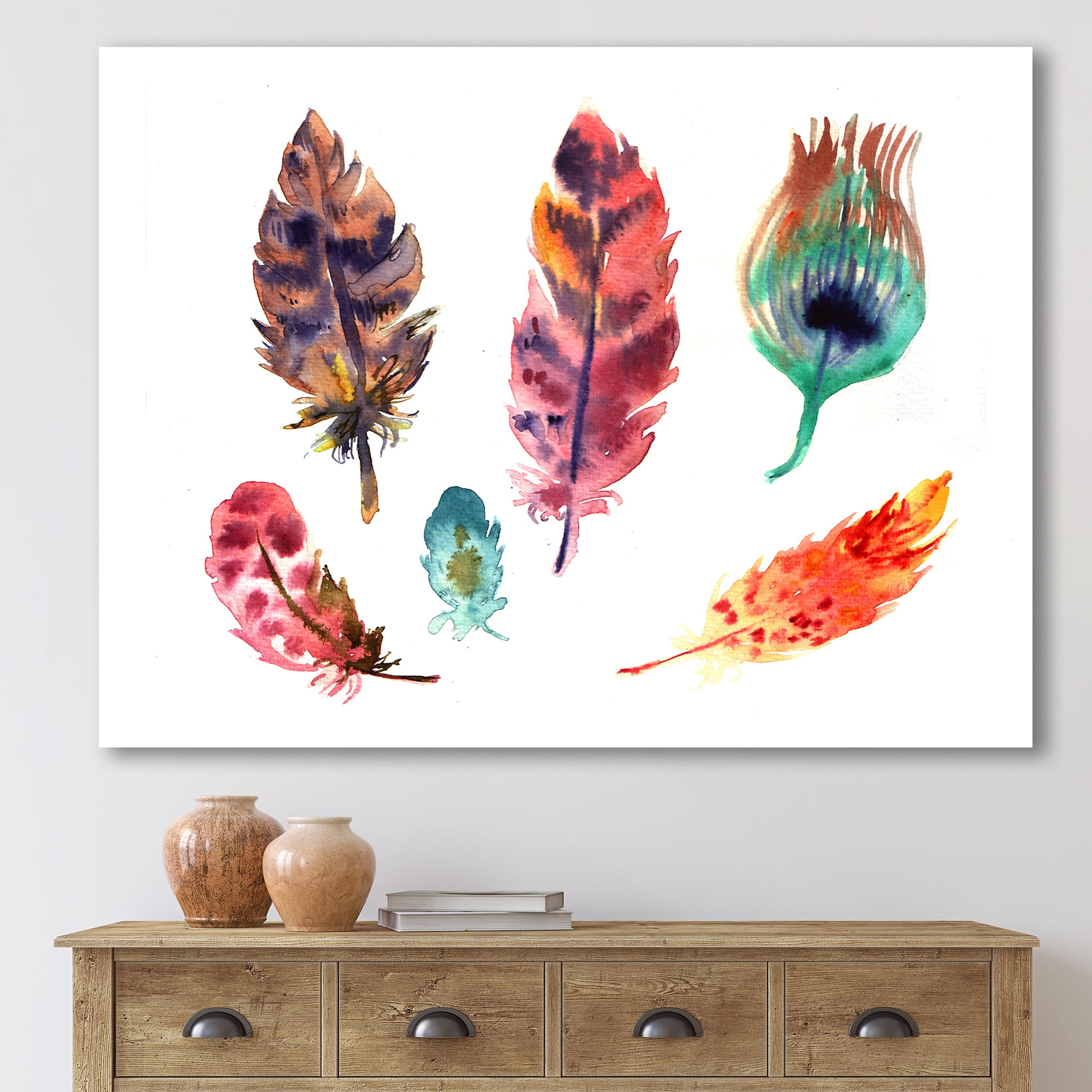 Designart ' Colourful Boho Art Feather Set II ' Bohemian & Eclectic Canvas Wall Art Print