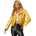 thumbnail image 1 of Chaqueta metalizada Allegra K estilo motorista cremallera holográfica mujer Oro M, 1 of 6