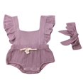 thumbnail image 1 of Baby Girls Romper Solid Color Ruffle Sleeveless Backless+Headband Outfits Clothes, 1 of 5