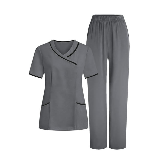 FRSASU Ensemble de Sarraus pour Femmes, Sarraus à Encolure en V pour Préposée, Confortable, Ensemble de Hauts et Pantalons pour Femme avec Poches Gris Foncé m(m)