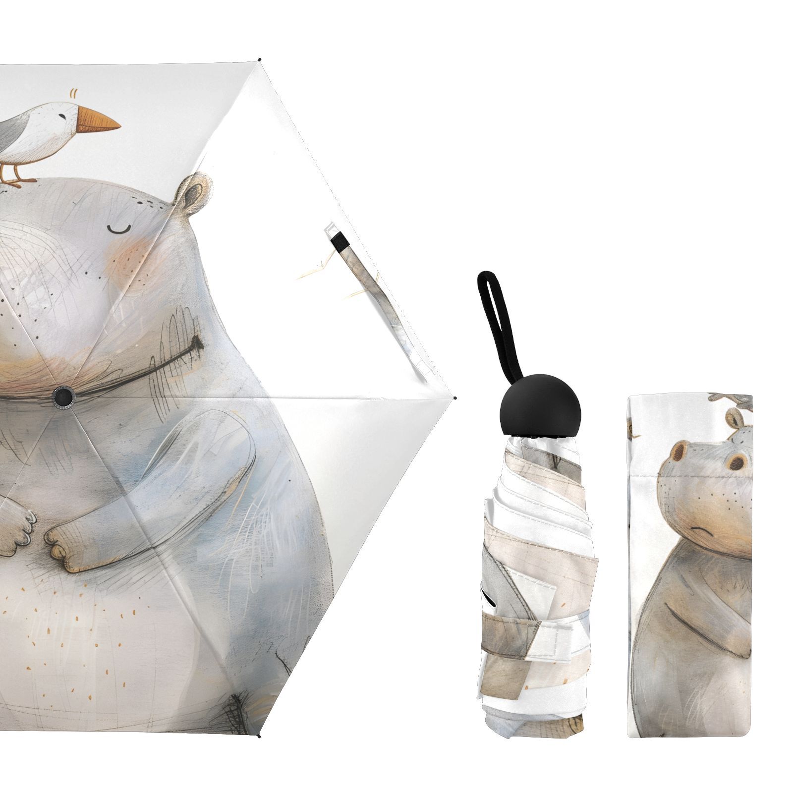 JSTEL Hippo Hippopotamus and Bird Folding Umbrella for Rain Sun Travel Mini Lightweight Compact Umbrellas