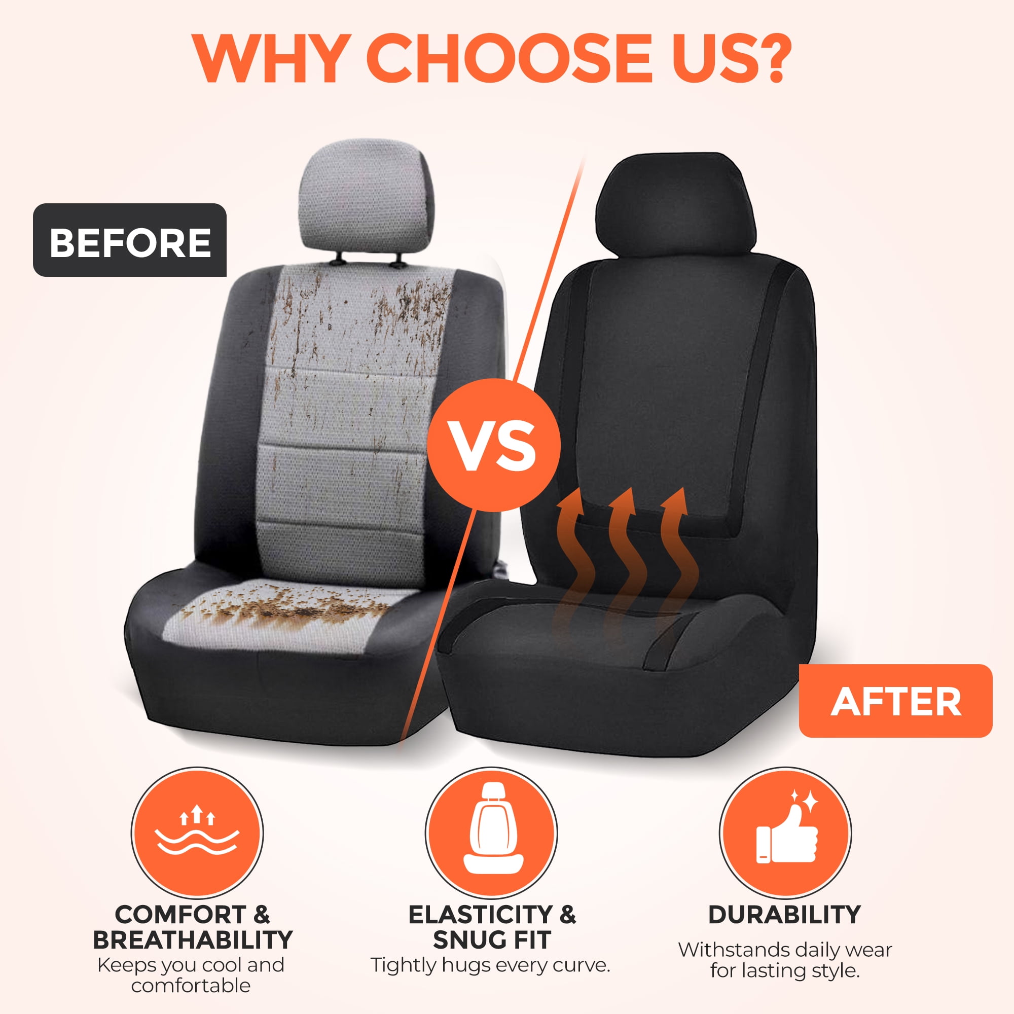 FLORAY Car Seat Covers for Compact Sedans, Polyester 9PCS Full Set, Front and Solid Rear Bench, Airbag Compatible, Black