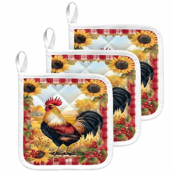Retro Rooster Pot Holders for Kitchen Heatproof Potholder, 3 Pack Yellow Sunflower Red Plaid Farmhouse Hot Pads Multipurpose Oven Pads Cloth Potholders Trivet for Cooking Baking