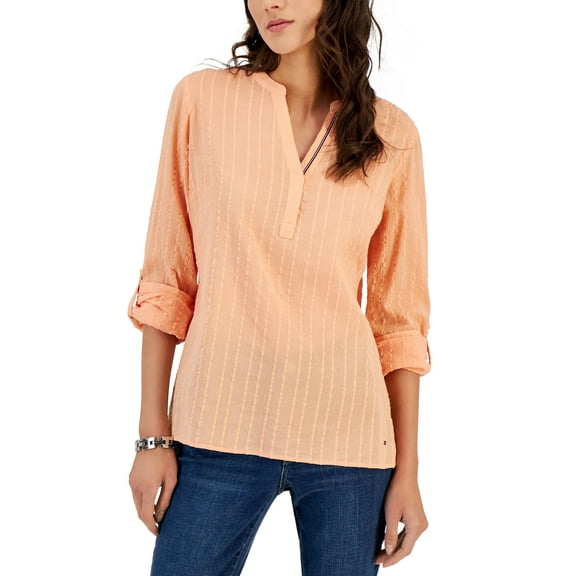 Women's Roll-Tab Textured Tunic Top Coral Reef XS