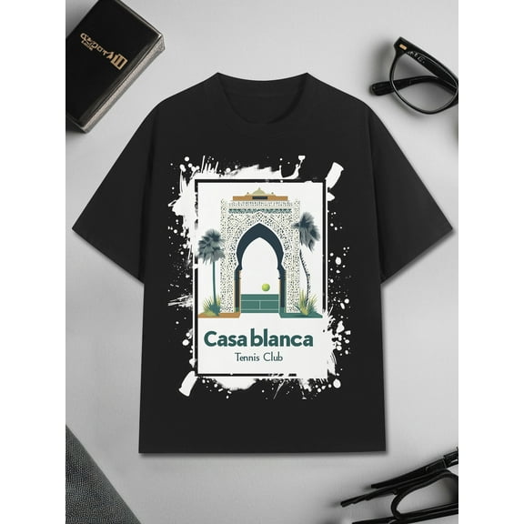 Casablanca Tennis Club Men's Cotton T-Shirt Vintage Graphic Printed 100% Cotton Tee 220g Crew Neck