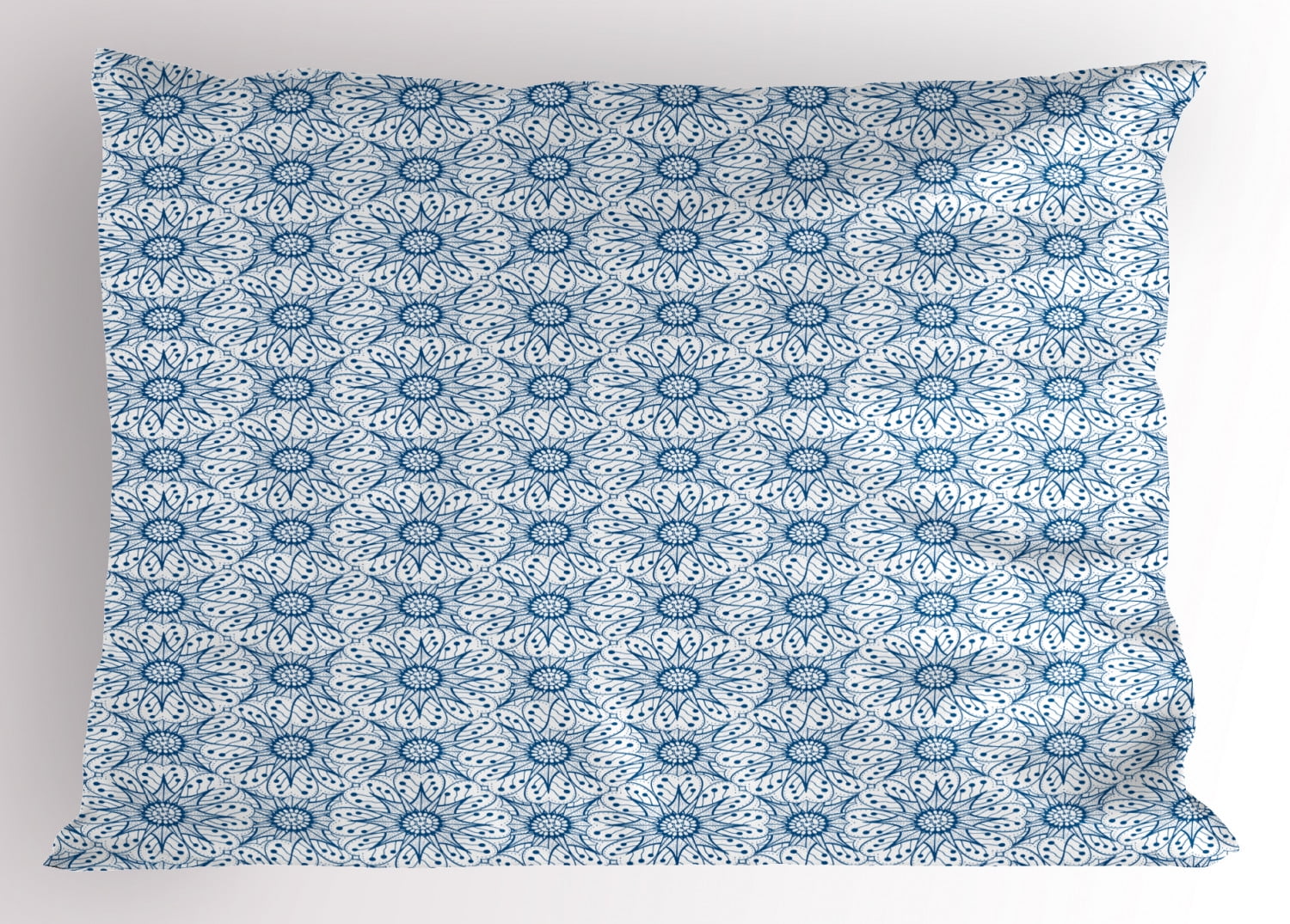 Blue and White Pillow Sham Dutch Tile Design with Large Flowers and