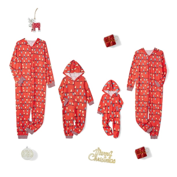 Pijamas familiares navideños a juego, pijamas familiares con estampado de luces de hadas, pijamas navideños con cremallera frontal.