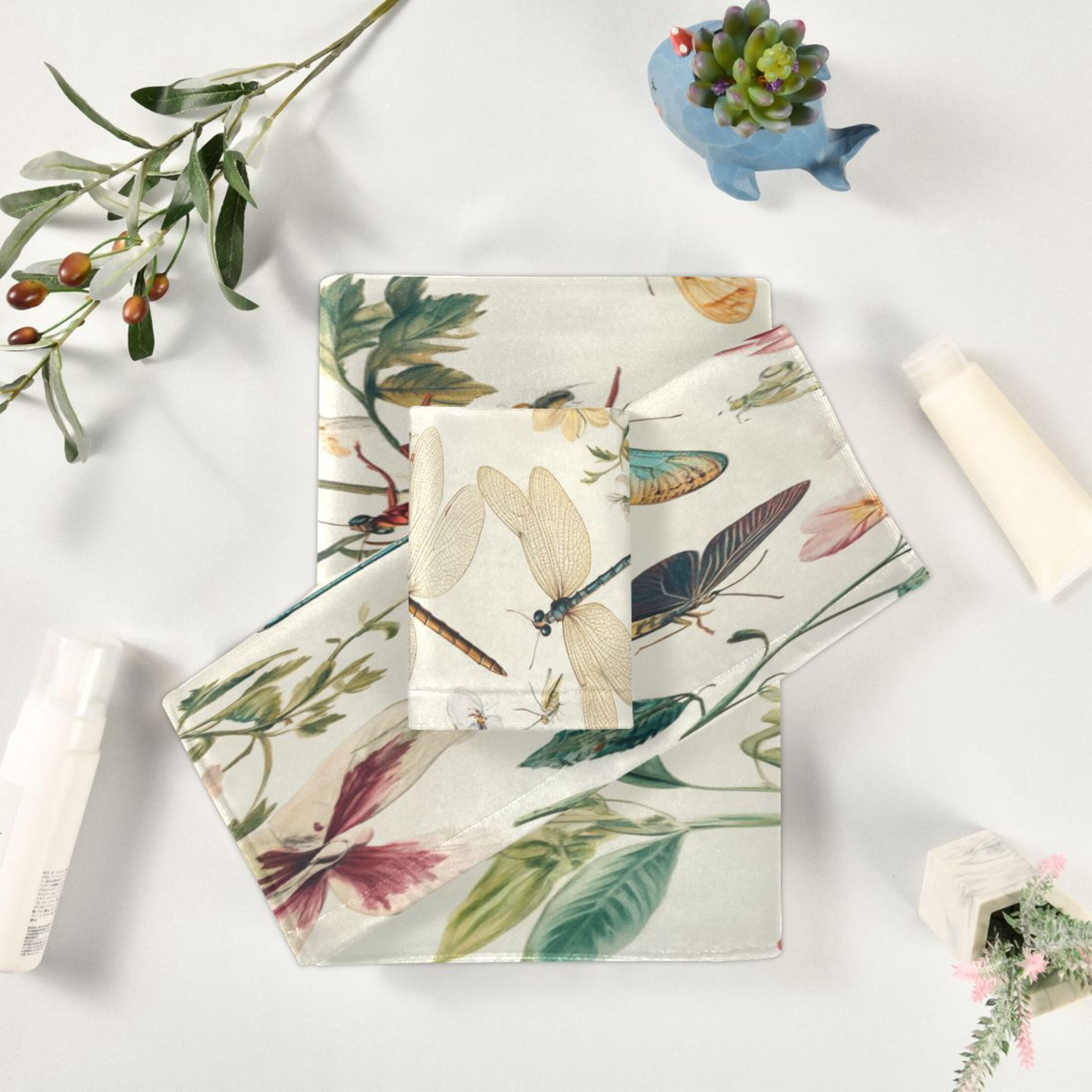 WOBOGO Dragonfly Print Painting Ultra Soft 3 Pack Cotton Towel Set Includes 60 x 30in Bath Towel 28 x 16in Face Towel and 13 x 13in Small Square Towel for Everyday Use Lightweight and Compact