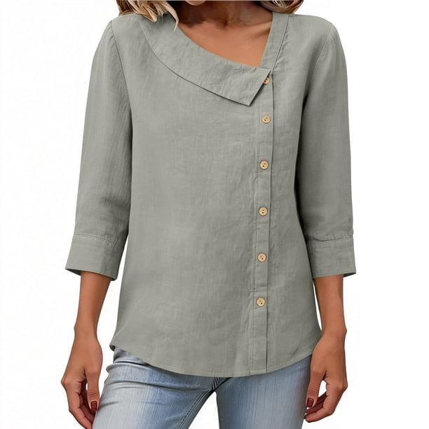 Tops de Color Sólido para las Mujeres Camisa de Botón Casual 3/4 Manga Cuello Redondo Tops de Lino para las Mujeres Primavera Verano