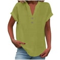 thumbnail image 3 of Htigea Women Linen Shirts Button Down Cotton Short Sleeve Blouses V Neck Collared Button-up Tops Fall Savings Army Green,L, 3 of 6