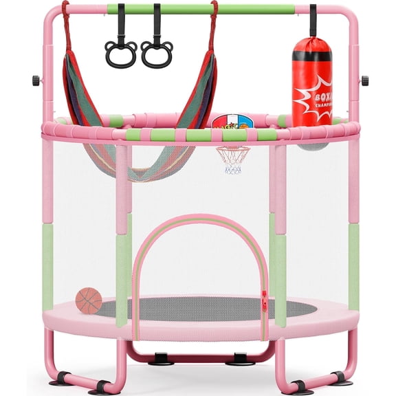Toromore 55" Trampoline for Kids with Enclosure, 6-in-1 Kid Trampoline Indoor & Outdoor, Toddle Trampoline with Adjustable Gymnastics Bars, Pink