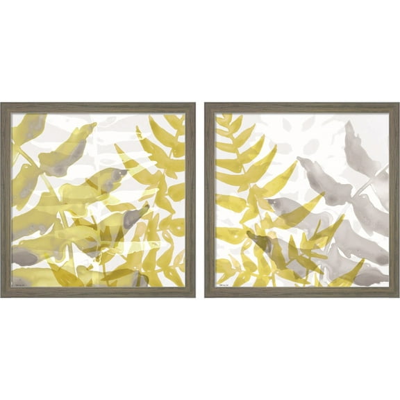 Great Art Now Yellow-Gray Leaves by Stellar Design Studio, 2 Piece Framed Art Set Each 13"W x 13"H