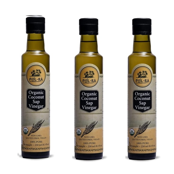 P L-RA Organic 100% Natural Coconut Sap Vinegar - Sodium Free - Vegan, Paleo & Keto - Low Glycemic - Marinade Substitute - Gluten Free - Soy Free - Kosher - 8.5 oz (50 Servings) - Pack of 3