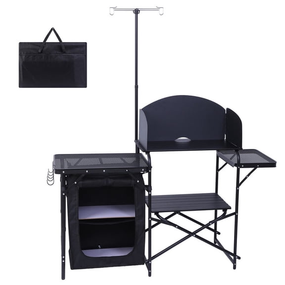 Portable Camping Kitchen Table, Foldable Cooking Station with Light Stand, Windshield, Organizers, and Carry Bag for Picnics, Grilling, and Beach Adventures