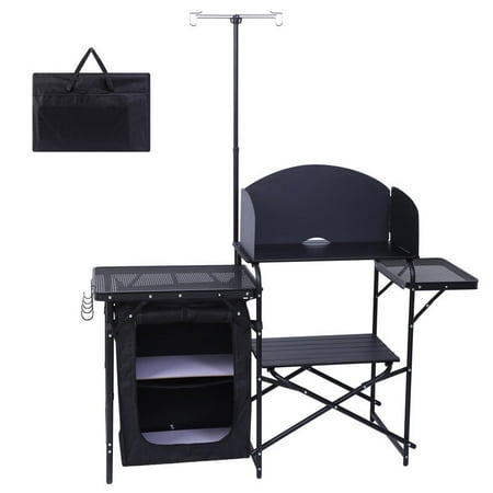 Portable Camping Kitchen Table, Foldable Cooking Station with Light Stand, Windshield, Organizers, and Carry Bag for Picnics, Grilling, and Beach Adventures