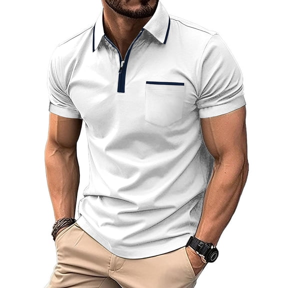 Summer Fashion Sweat Shirts For Men Casual Zipper Solid Patchwork Short Sleeve Gym Workout Athletic Tee Shirt - White∣L