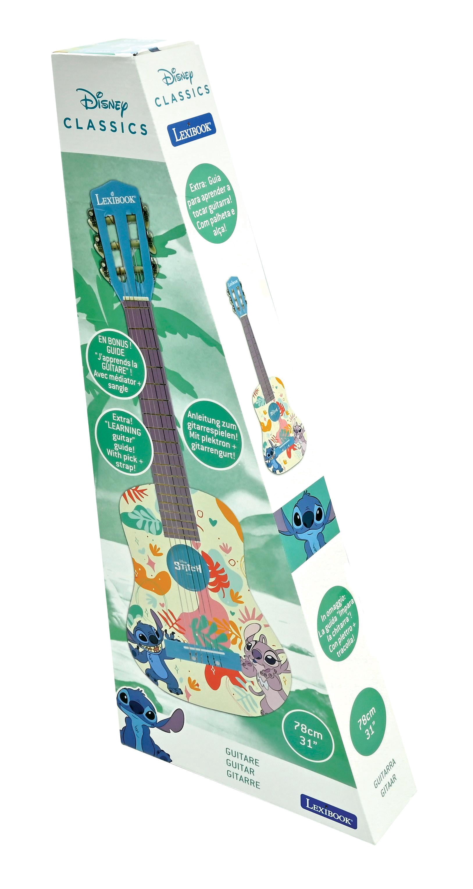 Lexibook Disney Stitch, My First Wooden Acoustic Guitar, 6 Nylon Strings, 78 cm (30"), Learning Guide, Pick and Strap Included