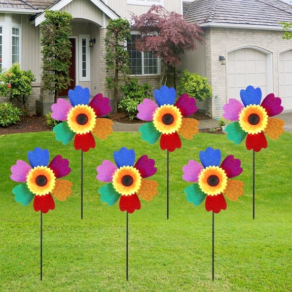 6 Pack 13" Colorful Sunflower Pinwheels – Garden Wind Spinners, Summer Outdoor Yard Rotating Windmills, Rainbow Flower Toys for Lawns, Garden & Patio Decor