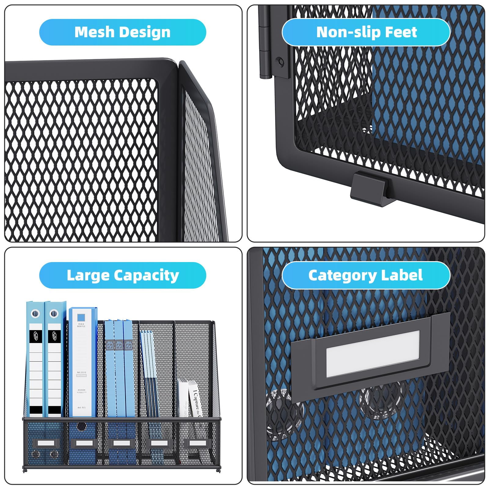 Marbrasse File Organizer for Desk,Desk File Organizer with 5 Vertical Compartments Mesh Magazine File Holder for Office Home