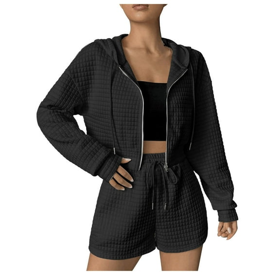Usmixi 2 Piece Outfits for Women Front Zip Hooded Coat 2 Piece Sets Casual Solid Drawstring Elastic Waist Shorts Outfits Sets Sports Running Lounge Sets Tracksuits Sets with Pocket Holiday
