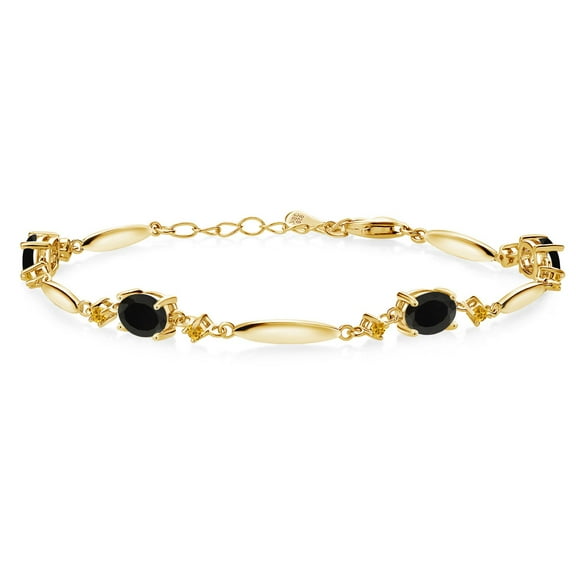 Gem Stone King 18K Yellow Gold Plated Silver Black Onyx and Yellow Created Sapphire Tennis Bracelet for Women | 3.20 Cttw | Gemstone December Birthstone | Oval 7X5MM | 6 inch   1 inch Extender