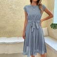 thumbnail image 2 of BLVB Women Summer Casual Dresses Fashion Cap Sleeve Pleated Midi Dress Crewneck Plain Wear to Work Dress with Belt, 2 of 5