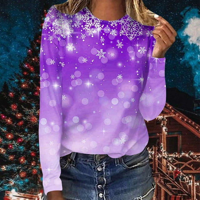 Aqestyerly Haut de Noël pour Femmes Mode T-Shirt Décontracté à Col Rond à Manches Longues Imprimé Blouse Hauts pour Femmes