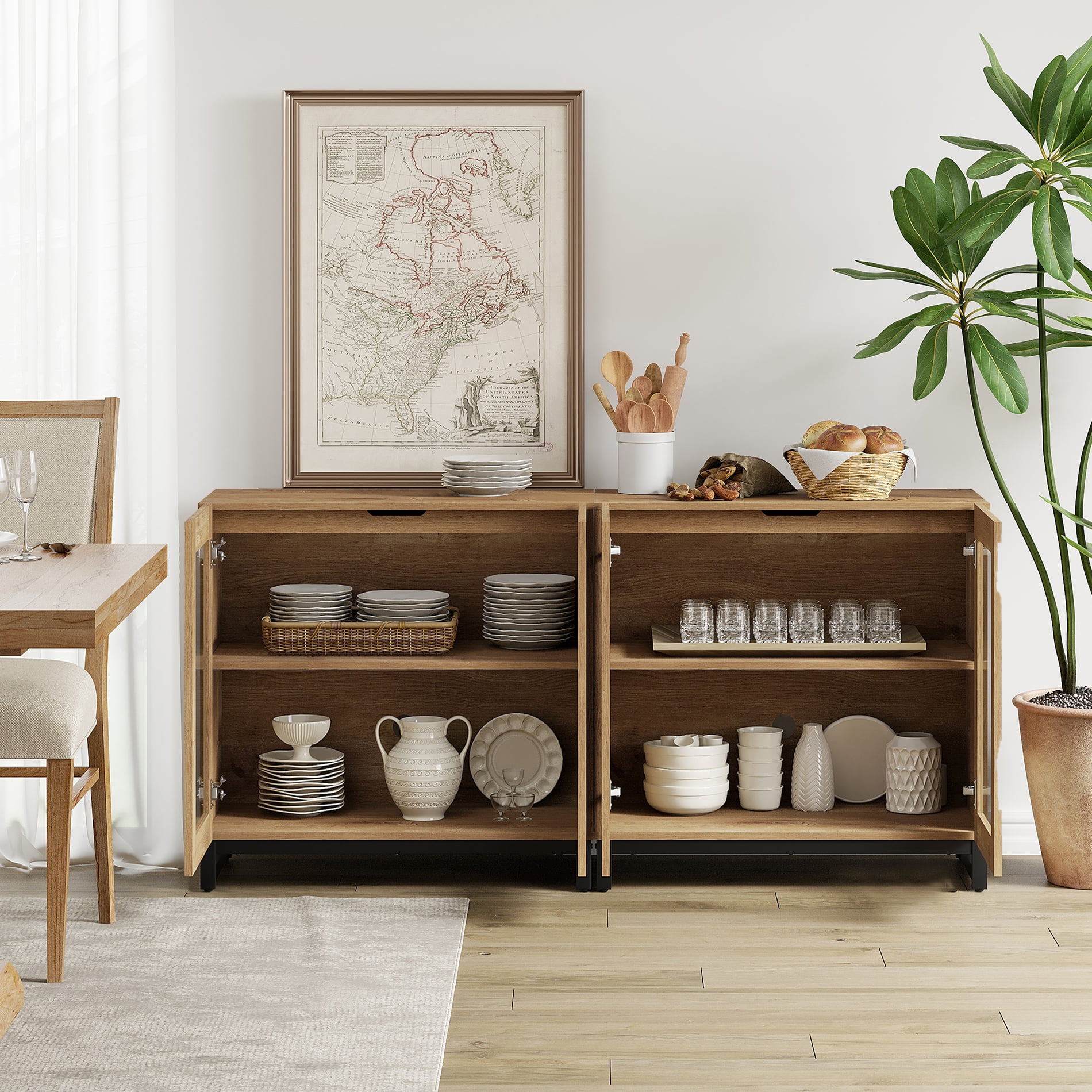 2 in 1 Sideboard Buffet with 4 Glass Doors & Adjustable Shelf, Modern Wood Grain Storage for Living Room, Kitchen,Oak