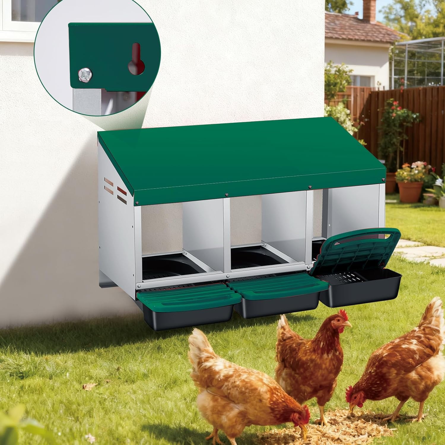 Sunvasagoo Zinc Alloy Chicken Nesting Box, 3/4 Hole Roll Away Egg Laying Box w/ Removable Tray, Wall Mount or Freestanding