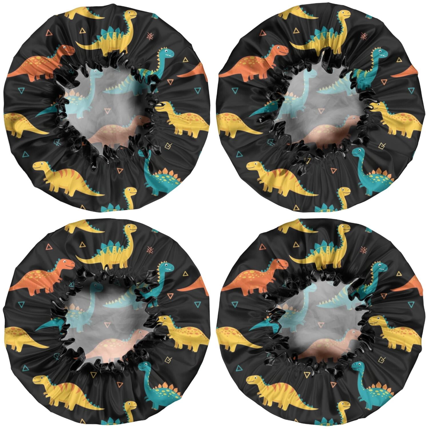 Shower Caps,Black Colorful Dinosaurs Pattern Waterproof Shower Cap for Women 4 Pieces,Double Reusable Hair Cover for Shower PEVA Elastic Stretch Hem