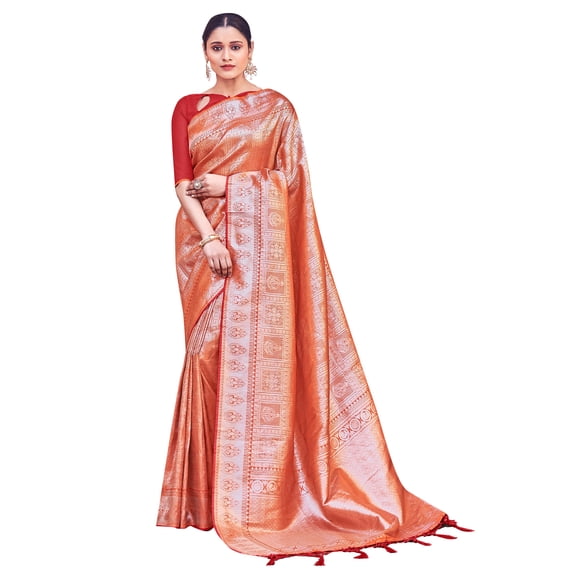 Sarees for Women Banarasi Art Silk Woven Saree || Ethnic Indian Traditional Wedding Gift Sari with Unstitched Blouse Orange