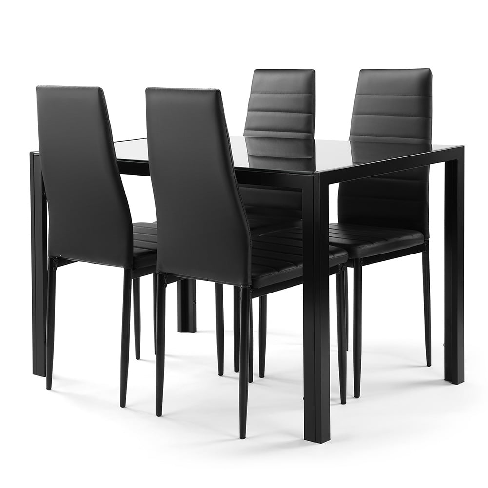 Dining Table Set 5 Piece , Glass Table and PU Leather Chair, Black