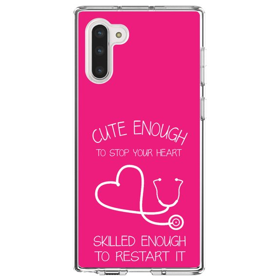 DistinctInk Clear Shockproof Hybrid Case for Samsung Galaxy Note 10 (6.3" Screen) - TPU Bumper, Acrylic Back, Tempered Glass Screen Protector - Hot Pink Nurse Stethoscope Heart - Support for Nurses