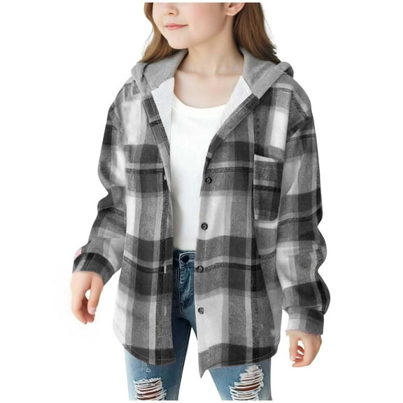 UAYOTSE Girl Fall Jacket Plaid Lined Flannel Shirts Button Down Hooded Shirt Kids Casual Holiday Jackets 4 15 Years,Sizes 6-7 Years