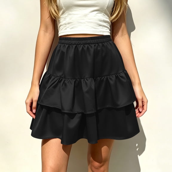 Binmer Women's Elastic High Waist Tiered Ruffle Flowy A Line Mini Skirt,Casual Summer Swing Skirt Black,Women's Plus L