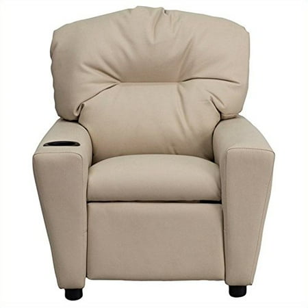 Contemporary Beige Vinyl Kids Recliner with Cup Holder