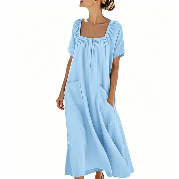 Bosfbaoi Dresses for Women Casual Flowy A-Line Dress Square Neck Short Sleeve Maxi Womens Dresses with Pockets Summer Dresses for Women 2026