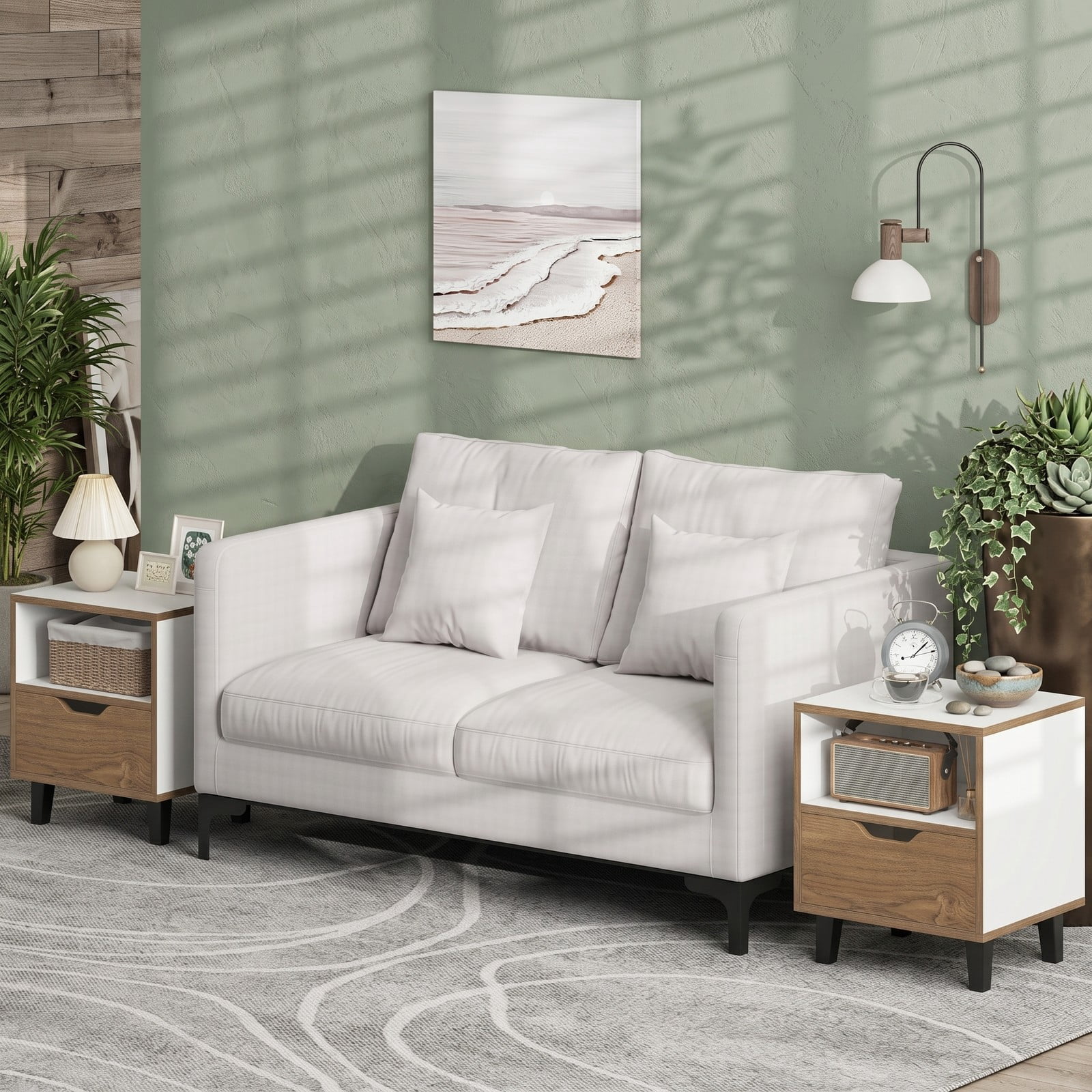Furnibear Nightstand Set of 2 with Drawer and Open Storage Shelf for Bedroom Living Room and Small Spaces, White and Natural