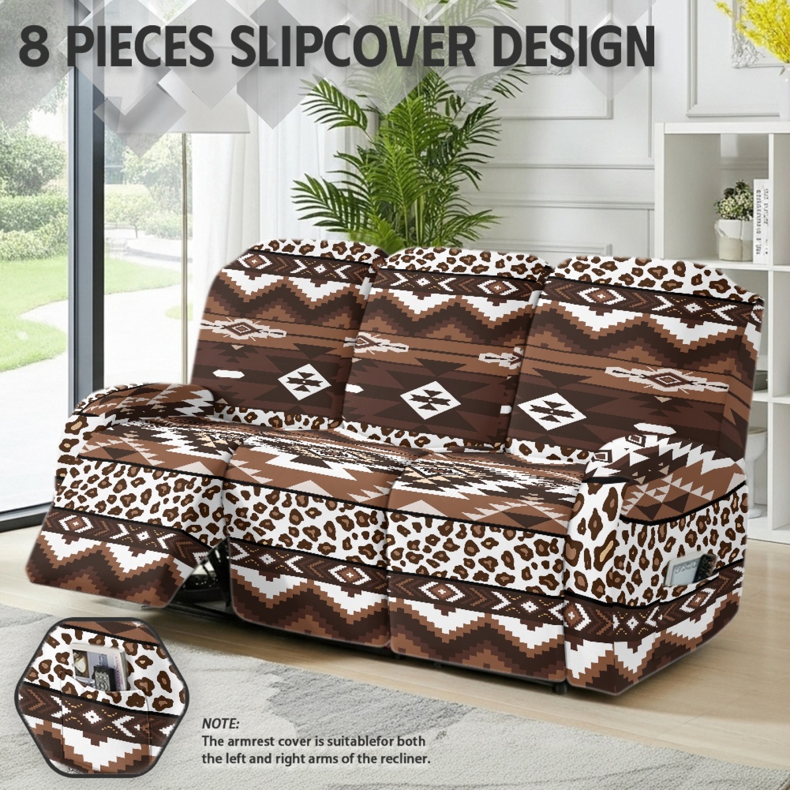 COEQINE Reclining Sofa Cover Breathable 3 Seater Couch Chair Cover 8 Pieces Stretch Recliner Chair Cover Stay in Place Lazy Boy Chair Slipcover Home Decor, American Tribal Brown Leopard Print